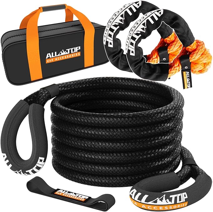 ALL-TOP Kinetic Recovery Tow Rope - Heavy Duty Snatch Rope Offroad Power Stretch Snatch Strap, for SUV, UTV, ATV, Truck, Car,Tractor (1inx20ft Rope (Black)   2pcs Soft Shackle)