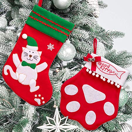 Cat And Kitty Paw Christmas Stockings Set Xmas/Winter/Holiday Party Hanging Decorations/Ornaments/Supplies Tree Decor - 2 Ct