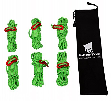 GEERTOP 4mm Reflective Tent Guide Rope Guy Line Cord with Aluminum Adjuster - 13 Feet 6 pack