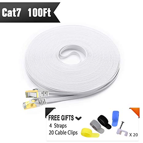 Cat 7 Shielded Ethernet Cable 100 ft White (Highest Speed Cable) Cat7 Flat Ethernet Patch Cables - Internet Cable Modem, Router, LAN, Computer - Compatible Cat 5e，Cat 6 Network