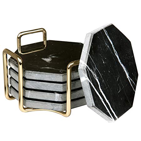 Black Marble Coasters With Gold Holder- Set of 5