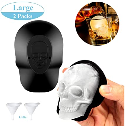 Large 3D Skull Ice Mold Silicone Skull Ice Cube Molds Trays with Funnels for 400 ml Big Mouth Cup Durable Black Skull Ice Maker with Whiskey, Bourbon, Cocktails, Beer, Halloween Party Favors