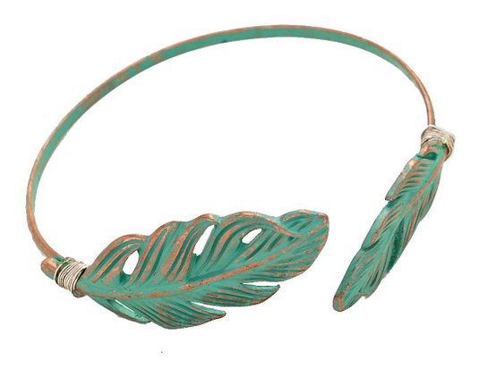 Copper Tone Turquoise Patina Feathers Bangle Bracelet