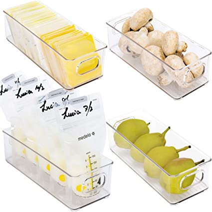 StorageWorks Narrow Stackable Refrigerator Organizer Bins, Clear Plastic Storage Bins with Handles for Fridge or Freezer, Breastmilk Storage Container, BPA-Free, 10"L X 4"W X 3"H, 4-Pack