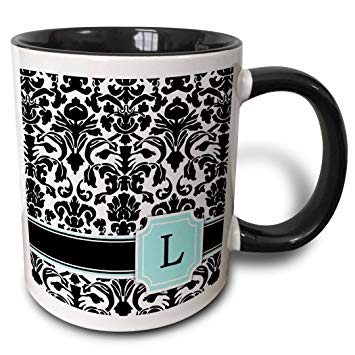 3dRose 154361_4 Letter L Personal Monogrammed Mint Damask Pattern Mug, 11 oz, Black