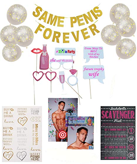 Bachelorette Party Decorations Set -"Turn up” kit - Party Favors Include: Same Pen-is Forever Banner, Pin The Macho on The Man, 10pc Photo Booth Props, 20pc Tattoos, and 8 Balloons