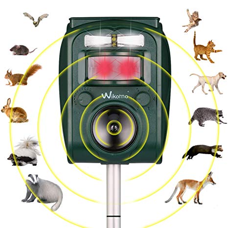 Wikomo Ultrasonic Animal Repeller, Solar Powered Waterproof Outdoor with Ultrasonic Sound, Motion PIR Sensor and Flashing Light for Cats, Dogs, Squirrels, Moles, Rats