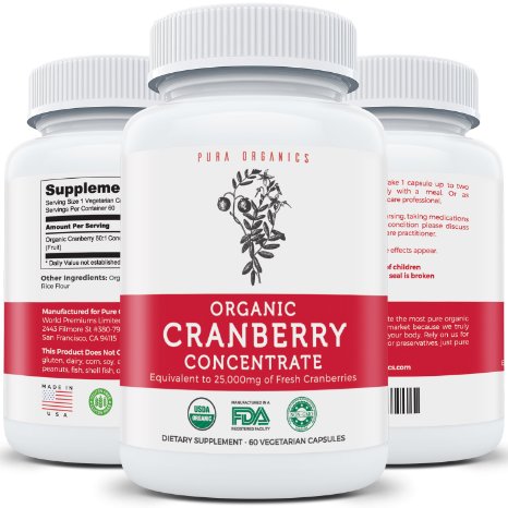 USDA Organic Cranberry Concentrate - Equivalent to 25000mg of Fresh Cranberries for Powerful Kidney Cleanse and Urinary Tract Health Support - Fruit Extract Supplement - 60 Veggie Capsules - No Pills