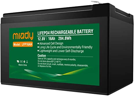 12V 16Ah Deep Cycle LiFePO4 Battery, 2000 Cycles Miady LFP16AH Rechargeable Battery, Maintenance-Free Battery for Golf Cart, Boat, Solar System, UPS and More …