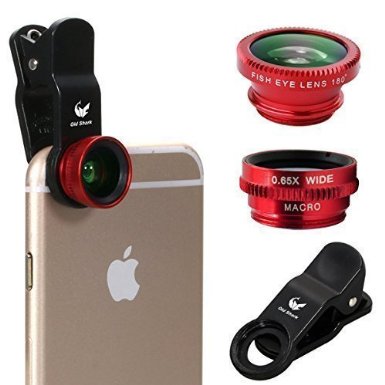 OldShark® 3 in 1 Clip-On Fish Eye Lens  0.65X Wide Angle  10X Macro Lens For iPhone Samsung Blackberry Red