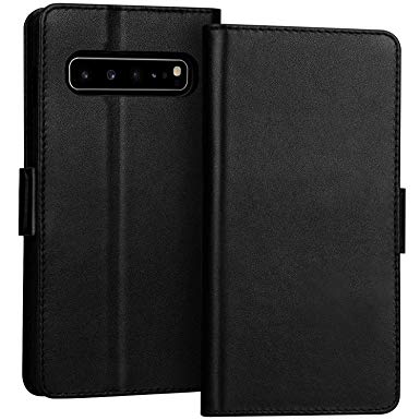 FYY Samsung Galaxy S10 5G Case Luxury [Cowhide Genuine Leather][RFID Blocking] Handcrafted Wallet Case, Handmade Flip Folio Case with [Kickstand Function] and[Card Slots] for Galaxy S10 5G Black