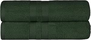 Superior Ultra-Soft Cotton Bath Towel Set, Quick-Dry, Absorbent, Shower, Spa Basics, Large Towels, Bathroom Sets, Bath Essentials, Solid, Double Line Dobby Border, 2 Pack, Set of 2, Forest Green