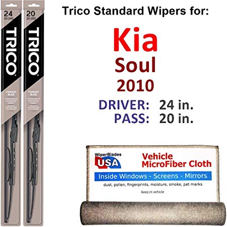 Wiper Blades for 2010 Kia Soul Driver & Passenger Trico Steel Wipers Set of 2 Bundled with Bonus MicroFiber Interior Car Cloth