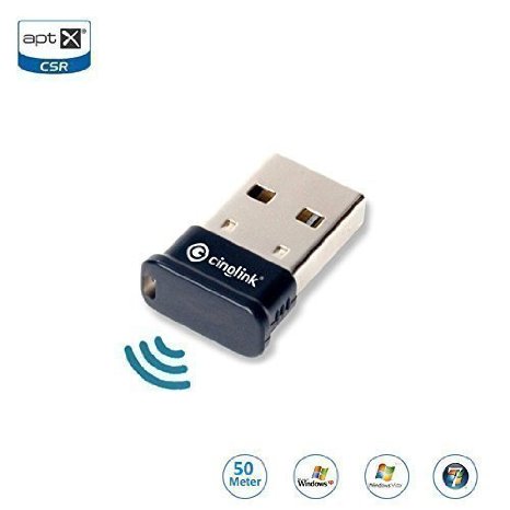 [Bluetooth Certified]Cinolink® Bluetooth 4.0 USB Adapter, Class 1, 50 Meter, APTX , for Windows 8 / Windows 7 / Vista /XP