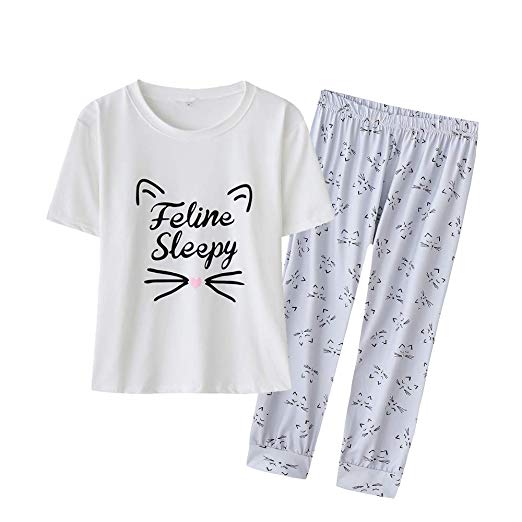 YIJIU Women's Sleepy Cat Print Sleepwear Short Sleeve Tee and Pants Pajama Set
