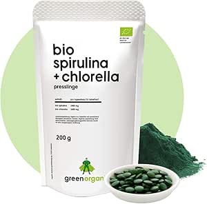 Bio Spirulina   Chlorella - 400 Tabletten 200g - 500mg pro Tablette - Plantensis und Vulgaris Algen - Hochdosiert - Presslinge - Kontrolliert biologischer Anbau (200 g, Spirulina   Chlorella)