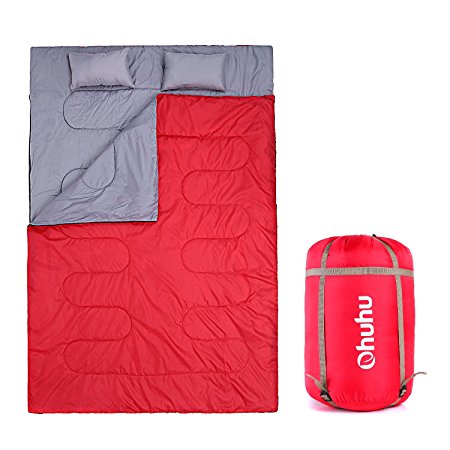 Double Sleeping Bag, Ohuhu 220 x 150cm Huge Double Sleeping Bag with 2 Free Pillows and a Carrying Bag, Four Double Zipper Pullers