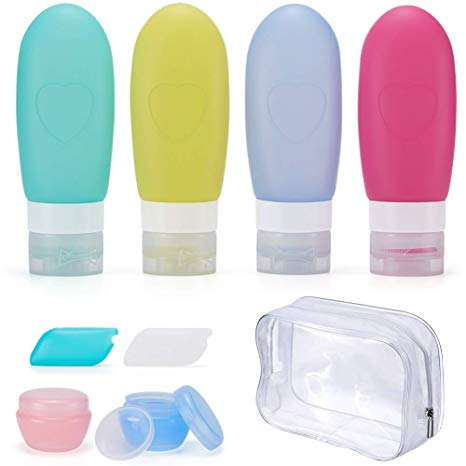 Travel Bottles, Xboun Leakproof Silicone Refillable Travel Containers, 3 oz TSA Approved Squeezable Travel Tube Sets with Cosmetic Containers(10mL)&Toothbrush Cover for Shampoo Lotion Soap