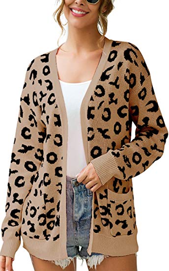 Angashion Oversized Long Sleeve Leopard Print Knit Cardigan Open Front Sweaters for Women with Pockets