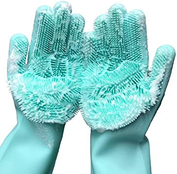 Magic Dishwashing Cleaning Sponge Gloves Reusable Silicone Brush Scrubber Gloves Heat Resistant for Dishwashing Kitchen Bathroom Cleaning Pet Hair Care Car Washing (Green)