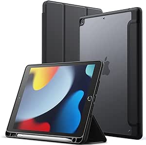 JETech Funda Mate para iPad 9/8/7 (10,2 Pulgadas, 2021/2020/2019 Modelo, 9.a/8.a/7.a Generación) con Portalápiz, Trasera Translúcida Esmerilada Slim Soporte Protectora Carcasa (Negro)