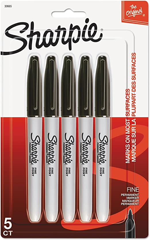 Permanent Markers, Fine Tip, Black, 5/Pack