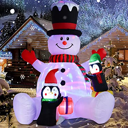 Artiflr 7ft Inflatable Christmas Snowman with Penguins, Rotating 7 Color Changing Led Lights and 3LED Lights Xmas Holiday Blow Up Family Party Decoration Yard Lawn Indoor Outdoor Inflatables