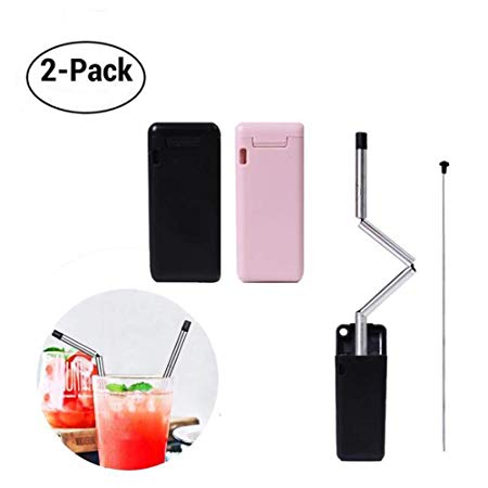 Collapsible Straws,Cuteadoy Stainless Steel Reusable Drinking Folding Straws with Cleaning Brush Perfect for Travel, Home, Office Or Gift (2PCS)