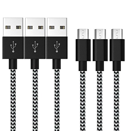 [3 Pack] Micro USB Cable, LUORIZ 2m/6.6ft Extra Long Nylon Braided Android Charger Cables Charging for Samsung Galaxy, Samsung S6 S7, Samsung Note 3 4 5, Nexus, LG, Sony, HTC, Motorola, Kindle, Nokia and More - Silver Black