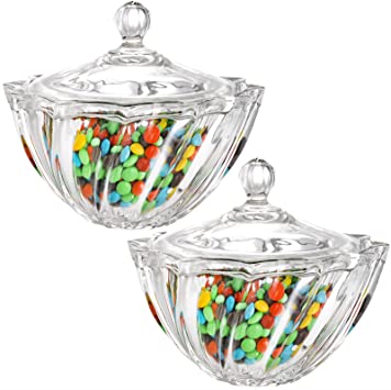 Fasmov 2 Pcs Large Glass Candy Dish with Lid, Covered Decorative Weddings Candy Buffet Food Storage Container Crystal Candy Jar for Home Kitchen Office Table