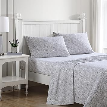 Laura Ashley Home - Twin XL Sheets, Cotton Percale Bedding Set, Crisp & Cool Home Decor (Emogene Purple, Twin XL)