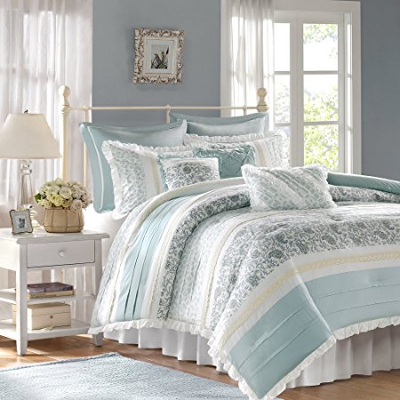 Madison Park - Dawn 9-Piece Cotton Percale Comforter Set - Blue - King - Shabby Chic, Ruched & Paisley Design - Includes 1 Comforter, 1 Bedskirt, 2 King Shams, 2 Euro Shams, 3 Decorative Pillows