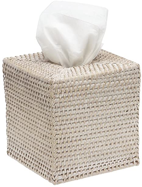 KOUBOO 1030036 Square Rattan Tissue Box Cover, 5" x 5" x 5.5", White Wash