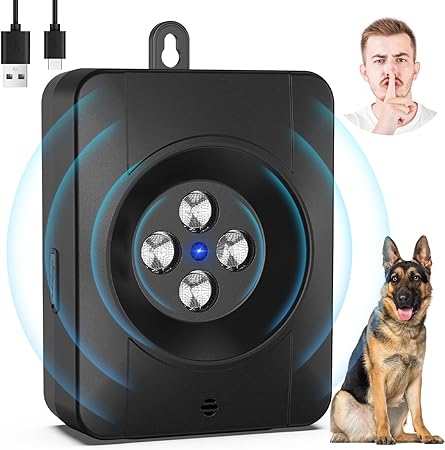 Bark Control Device, Automatic Anti Barking Device with 4 Ultrasonic Transmitters, Audio & Silent Dog Barking Deterrent with 33FT Range, Rechargeable & Waterproof Outdoor Stop Barking Dog Devices