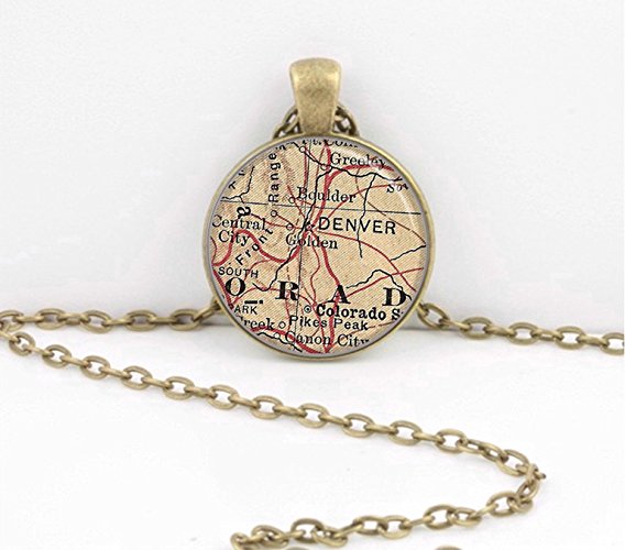 Denver Colorado Rocky Mountains Vintage Map pendant necklace key ring travel gift jewelry