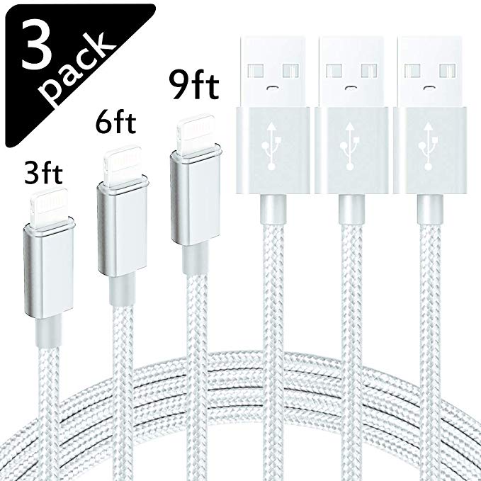 ChefzBest MFi Certified Phone Cable 3 Pack [3/6/9 FT] Extra Long Nylon Braided USB Charging & Syncing Cord Compatible Phone Charger X/8/8Plus/7/7Plus/6S/6S Plus/SE/Pad/Nan More(White)