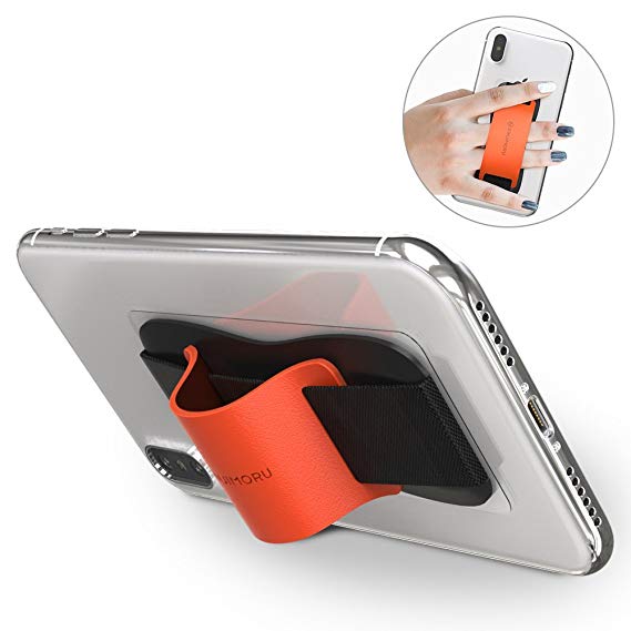 Sinjimoru Phone Grip Stand, Secure Handy Phone Strap for iPhone and Android. Phone Holder with Leather Phone Stand. Sinji Grip, Orange.