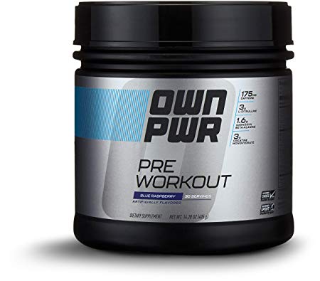 Amazon Brand - OWN PWR Pre Workout Powder, Blue Raspberry, 30 Servings, with 3g Creatine, 1.6g Beta Alanine (as CarnoSyn), 175mg Caffeine & more
