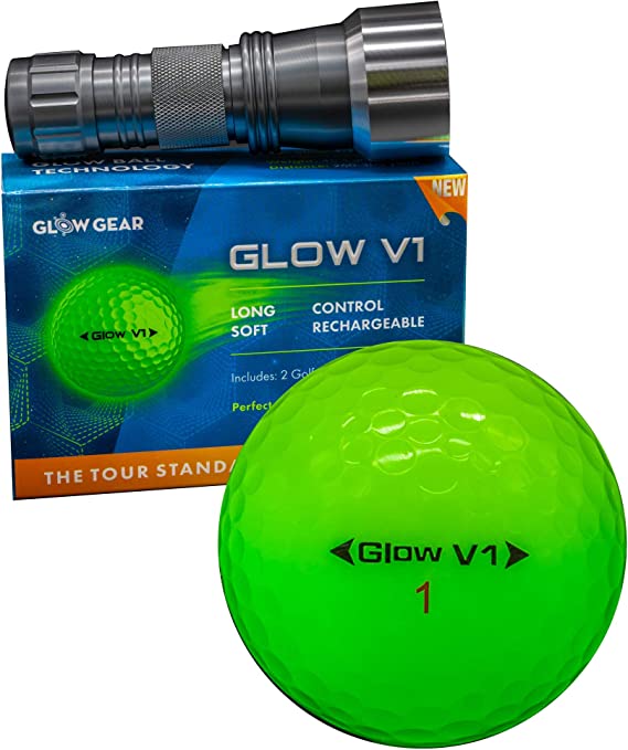 GlowGear Golf - GlowV1 Night Golf Balls with UV Flashlight, Glow in The Dark Golf Balls 2 Piece Construction with Tour Quality Compression Core, Urethane Skin, and Ultra Bright Glow