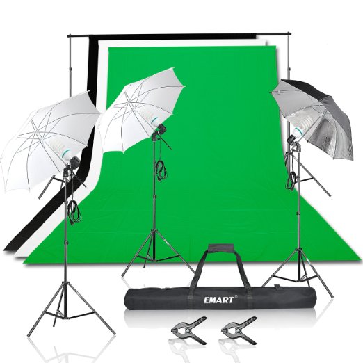 Emart 1500w Photography Backdrops Light Stand Photo Video Studio Lighting Umbrellas Kit with 3 Colors (Black White Green) Pure Muslin Backdrop 100% Cotton Photo Backdrop Backgrounds Support Kit Two clamps for free