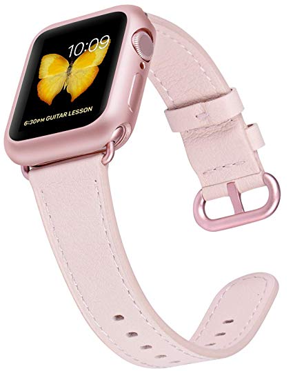 PEAK ZHANG Compatible with Apple Watch Band with Case, 38mm 40mm Women Top Grain Leather Strap for iWatch Series 4,3,2,1 (Pink Sand Pink Rose Clasp, 38mm 40mm S/M)
