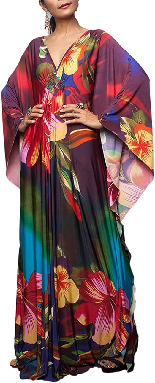 Bsubseach Women Ethnic Print Kaftan Beach Dress Plus Size Swimsuit Cover Up