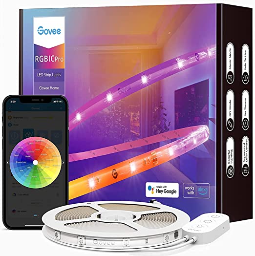 Govee Smart RGBIC Pro LED Strip Lights, 16.4ft WiFi LED Light Strips Works with Alexa and Google, Segmented DIY, Music Sync, WiFi and App Control Color Changing LED Lights Strip for Bedroom, Ceiling, Kitchen