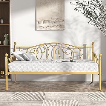 VECELO Metal Daybed Frame Multifunctional Platform Bed Sofa Mattress Foundation with Deluxe Headboard, Twin, Gold