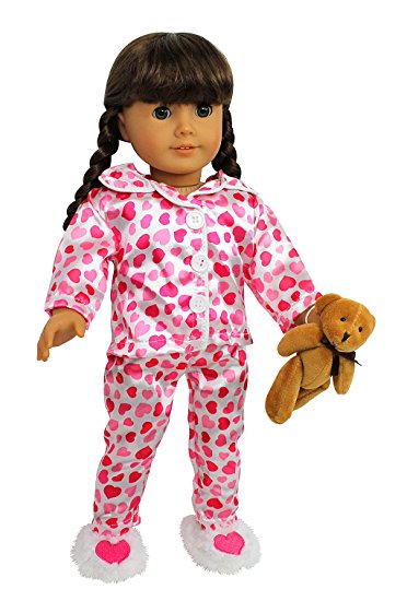 Pajamas Doll Clothes for American Girl Dolls: "Hearts and Kisses" For Valentine Day's Gift - (Includes Pajama Set, Slippers, and Teddy Bear)