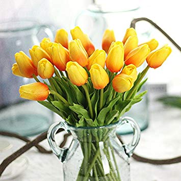 Supla Artificial Flowers 20 heads Real Touch Tulips PU Tulips Fake Flowers Arrangement Wedding Bouquets For Home Room Office Centerpiece Party Wedding Decor (orange)(vase not included.)