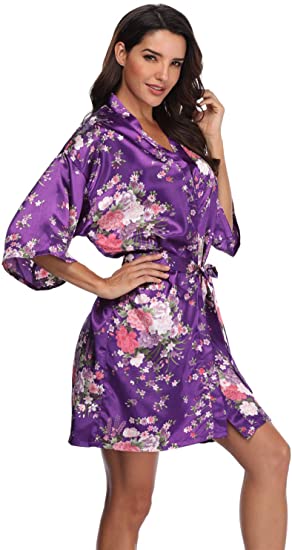 Women's Floral Short Satin Bridesmaid Robes Silky Bride Robes Getting Ready