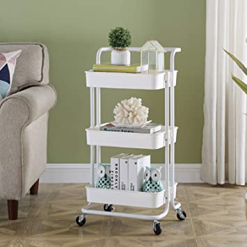 Three-Layers Household Storage Trolley, Rolling Storage Cart with 360 Degrees Flexible Wheels, 3-Tier Trolley with Handle, Multifunctional & Removable Storage Rack, Suitable for Home & Office, White