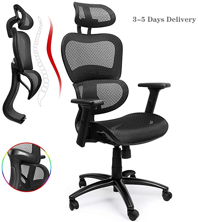 Komene Ergonomic Mesh Office Chair, High Back Home Computer Chair with Lumbar Support, Adjustable Seat Height and Headrest, 3D-Armrests and Breathable Back Support Swivel Desk Chair (Black)