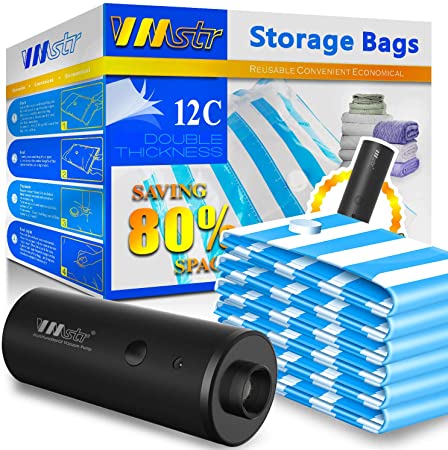 VMSTR Vacuum Storage Bags with Electric Pump, Reusable Vacuum Compression Space Saver Bags for Clothes, Mattress, Blanket, Duvets, Pillows, Comforters, Quilt (6 Pack)